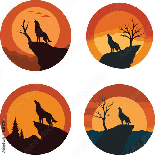 Wolves howling together at sunset with majestic mountain peaks view Vector illustration