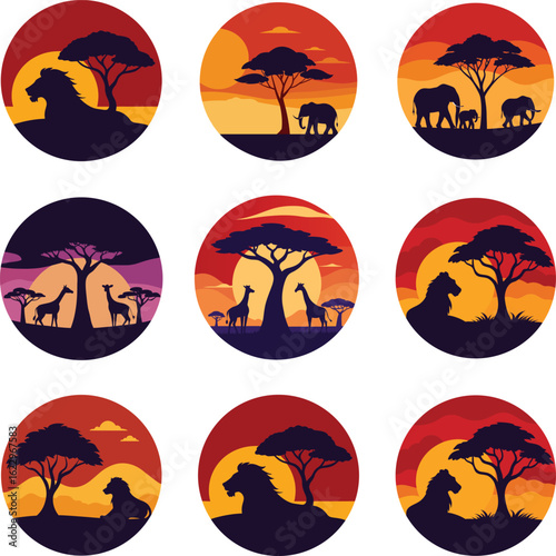 Group of wild animals in African savannah under orange sunset light Vector illustration