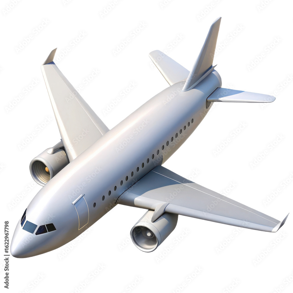 Fototapeta premium Modern white passenger jet airplane with twin engines flying in the sky isolated on transparent background