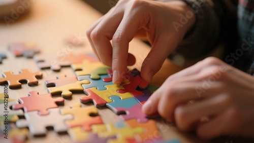 Hands carefully placing colorful puzzle pieces together on a wooden surface