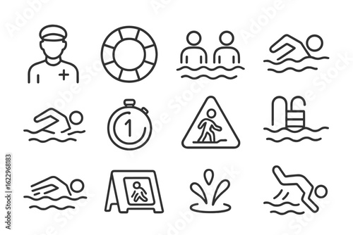 Swimming and lifesaving line icon set. aquatic safety, pool activities outline collection