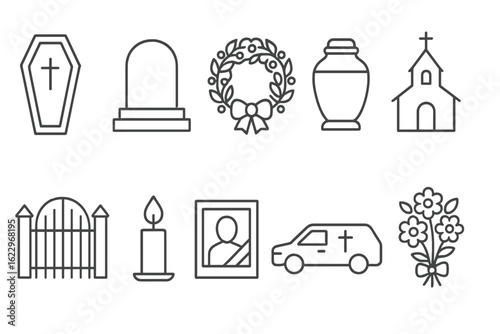 Funeral and memorial line icon set. ceremony, grave, floral symbols collection