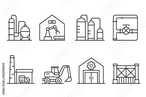 Industrial facilities line icon set: factories, warehouses, pipelines, machinery