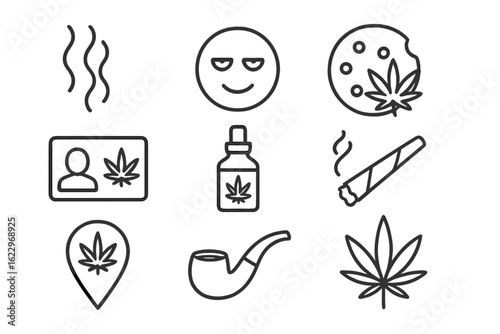 Cannabis, marijuana line icon set. hemp, leaf, pipe, joint, oil in linear style