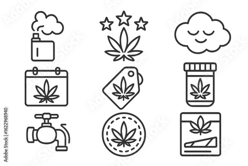 Cannabis line icon set. marijuana, hemp, cbd, flat cannabis-themed outline symbols.