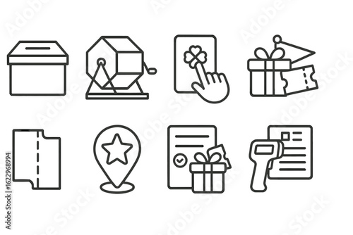 Lottery and raffle linear icon set. ticket, prize, drawing, reward elements