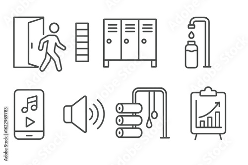 Education and gym outline icon set. school, workout, fitness icons collection