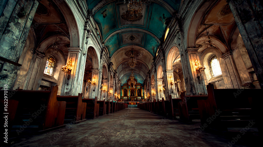 Fototapeta premium Wide-angle photograph of the interior of an old church in Cebu