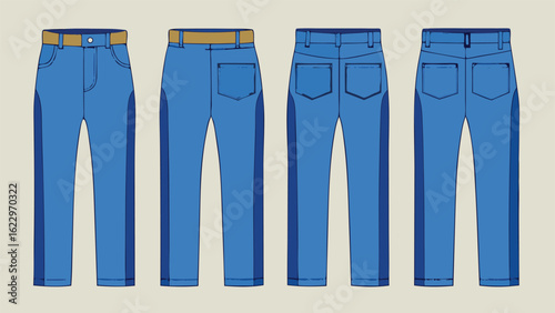 Three styles of jeans and pants displayed together, showcasing different cuts and colors for fashion comparison..eps