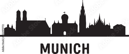 Black Silhouette of Munich Skyline with Frauenkirche and Allianz Arena