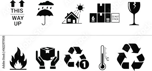 Vector art of vector illustration of a set of packaging symbols for shipping and handling instructions to ensure safe delivery of goods