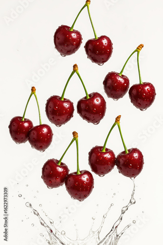 Fresh red cherries with water droplets splashing in mid air, creating vibrant and refreshing scene against white background