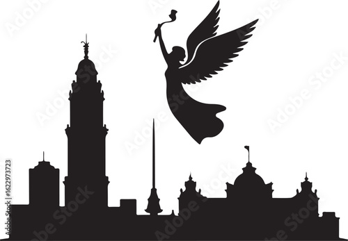 Black Silhouette of Mexico City Skyline with Angel of Independence and Torre Reforma