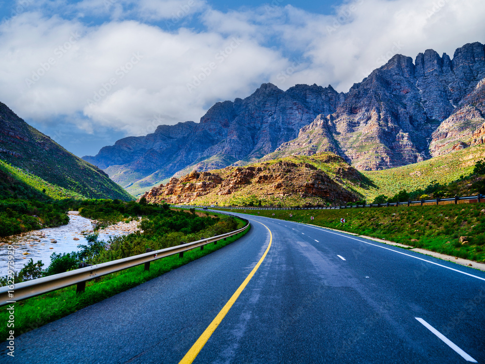 Fototapeta premium N1 Highway and Krom River running through the Du Toitskloof Mountains, South Africa
