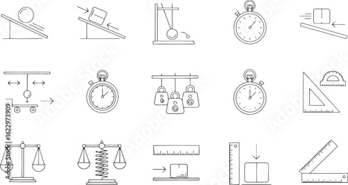 Vector art of vector illustration of various physics experiments including inclined planes pendulums stopwatches and balances showcasing fundamental concepts of mechanics and motion