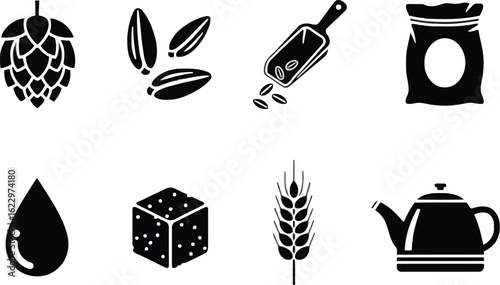 Vector art of vector illustration of various brewing and baking ingredients including hops seeds grains sugar and a teapot in a simple black and white design