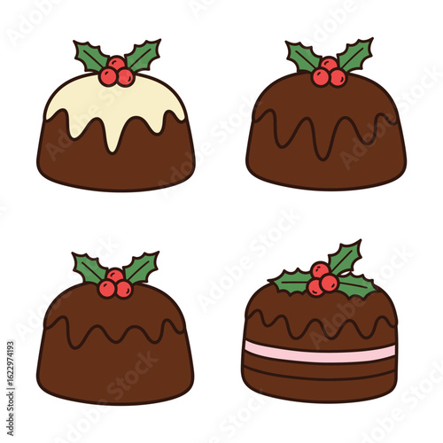 Festive Christmas Pudding Collection with Holly Berries for Holiday Season