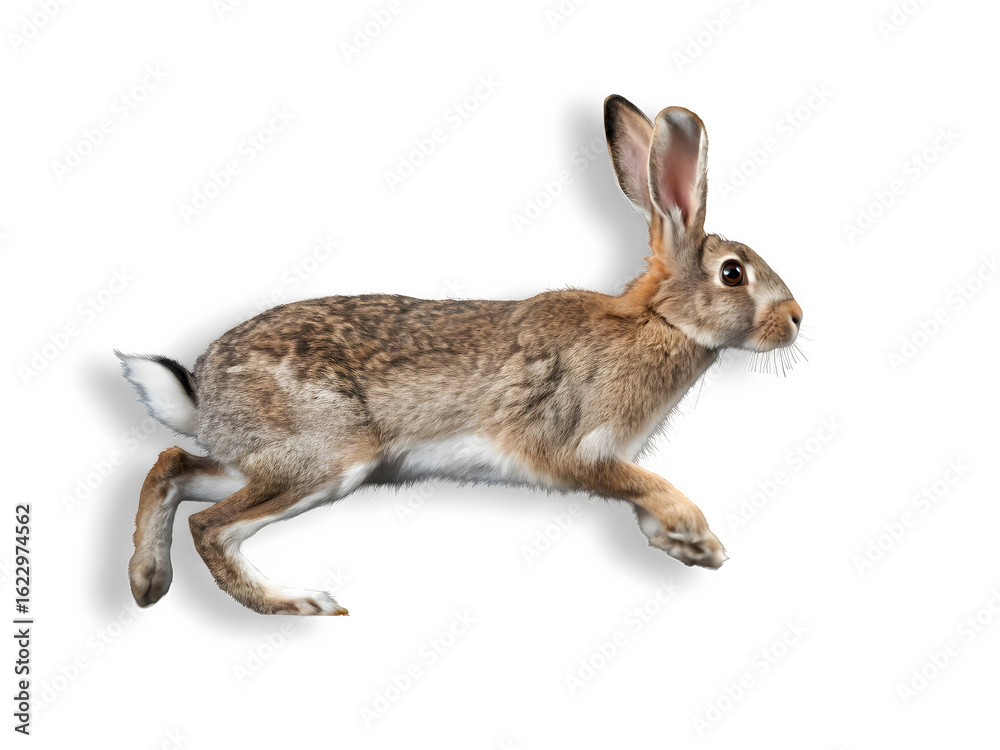Obraz premium Beautiful running gray rabbit isolated on white background 
