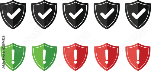 Vector art of vector illustration of a set of shields with check mark and exclamation point icons representing security and warning states for website or application