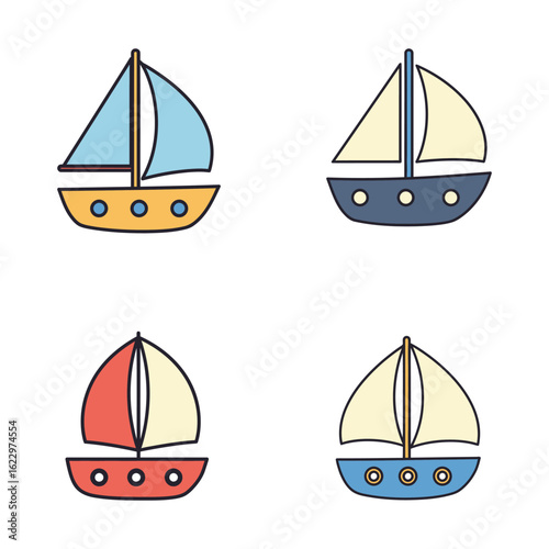 Collection of Four Colorful Cartoon Sailboats on a White Background for Kids