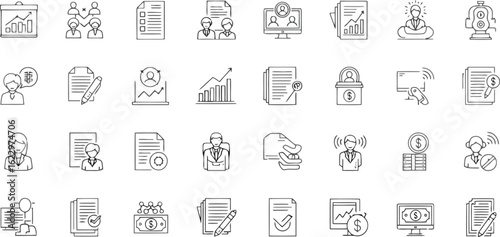Vector art of vector illustration of a set of business and management icons representing various aspects of finance reporting and teamwork