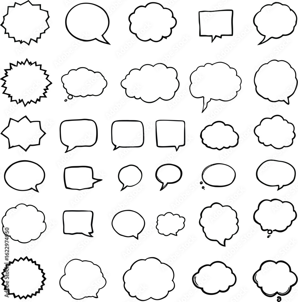Fototapeta premium Speech & Thought Bubble Icon Set Featuring 36 Comic-Inspired Designs in Clean, Monoline Style