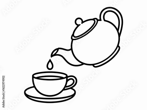 tea, teapot, cup, line art, illustration, drink, beverage, hot, pour, teacup, liquid, sketch, art, drawing, tea time, plate, black and white, minimalistic, outline, graphic, tea leaves, ceramic, water