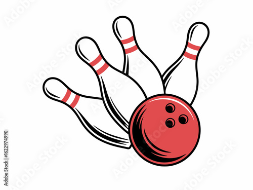 bowling, ball, pins, line art, illustration, sports, game, strike, bowling alley, red ball, knockdown, skittles, graphic, action, vector, minimalistic, outline, sketch, competition, team, leisure, fun
