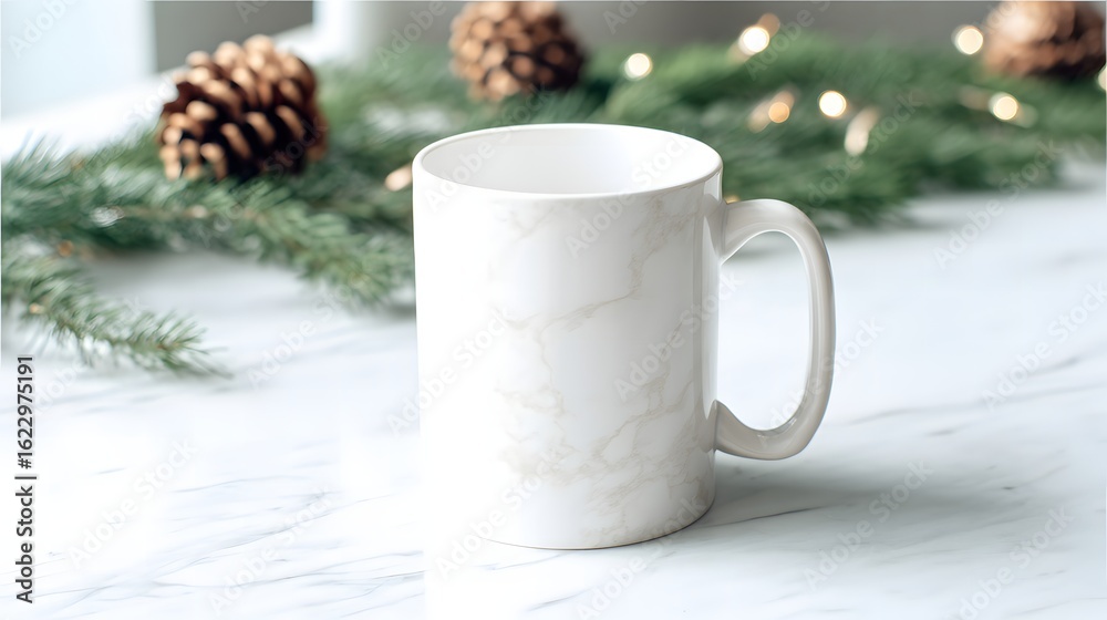 White Coffee Mug with Holiday Decor on Marble Countertop