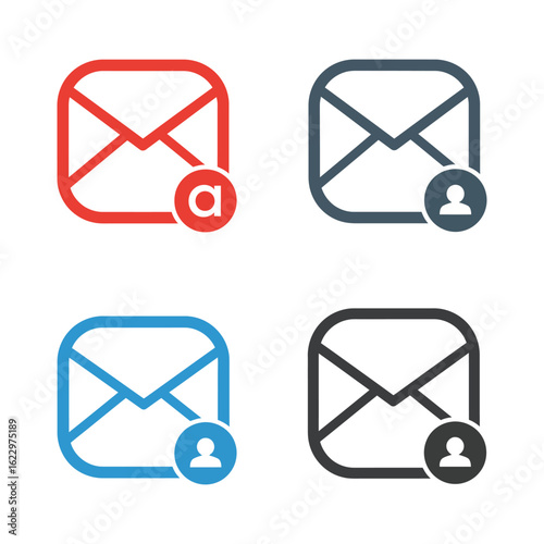 Four email icons with different colors and notification symbols for messaging