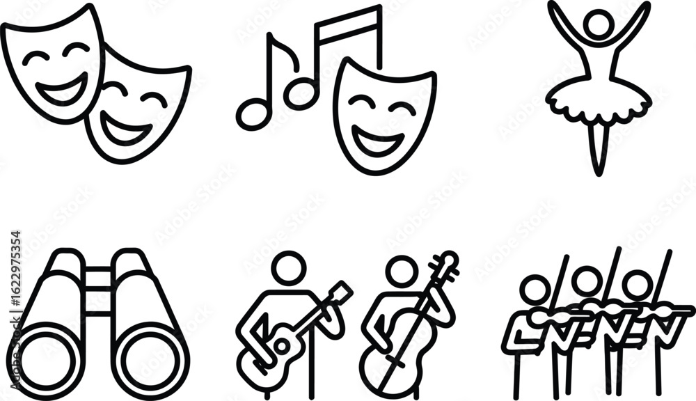 Arts and Entertainment Line Icons Theater Masks, Music Notes, Ballerina, Instruments Arts and Entertainment Line Icons Theater Masks, Music Notes, Ballerina, Instruments