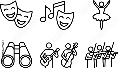Arts and Entertainment Line Icons Theater Masks, Music Notes, Ballerina, Instruments