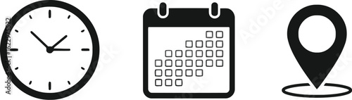 Vector art of vector illustration of as simple icons representing time date and location for scheduling and planning purposes in black and white