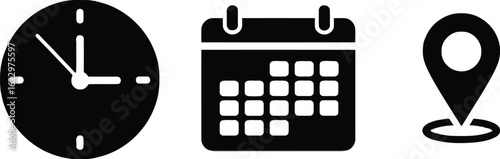 Vector art of vector illustration of a clock calendar and location icon representing time date and place for appointments and meetings