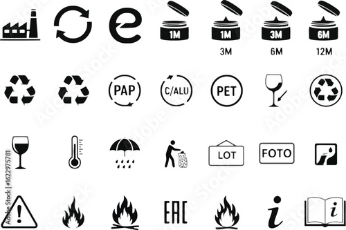 Vector art of vector illustration of a set of product packaging symbols indicating recycling, material composition, and usage instructions