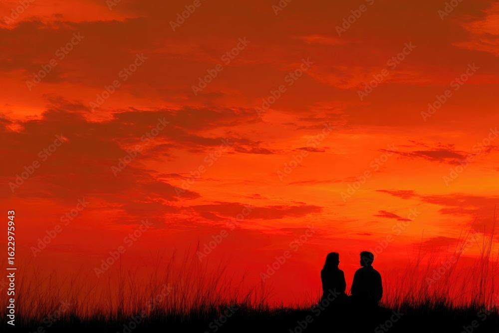 Fototapeta premium Silhouette of a Couple under Fiery Sunset Sky