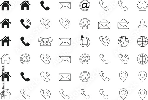 Vector art of vector illustration of as a set of simple contact information icons representing home address phone number email address and location pin