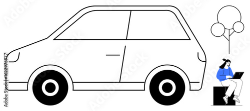 Compact car outline and a woman sitting on a bench working on a laptop under a tree. Ideal for mobility, remote work, environment, urban life, technology, independence, sustainability. Simple flat