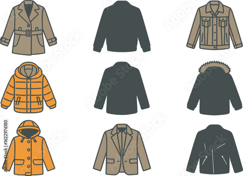 Assorted Outerwear Collection Coats Jackets in Various Styles on White Background