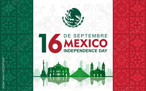 16 De Septiembre Independencia De México, means Mexico Independence Day 16th September. Banner with landmarks silhouettes and ornament patterns illustration. Great for cards, posters, banners 