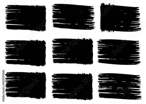 Dirty Grunge Ink Stroke Frames and Paint Smears in Vector Format. Scribbled Lines, Rectangular Boxes, and Black Splatters for Poster Layouts and Typography Borders.

