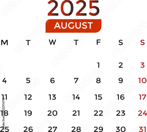 August 2025 calendar with red and black gradient colors. Minimalist August calendar template with clean layout and modern design. Perfect for scheduling, planning, time management, office, business