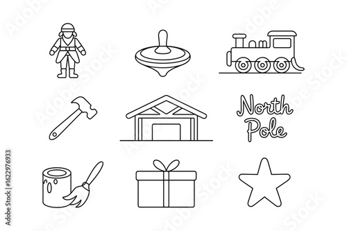 Line art collection of Christmas and toy icons toy soldier spinning top