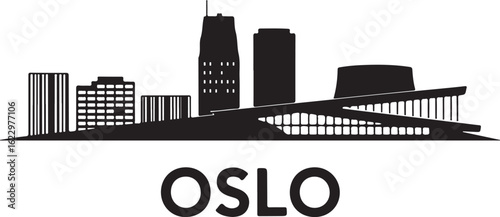 Black Silhouette of Oslo Skyline with Opera House and Barcode Buildings
