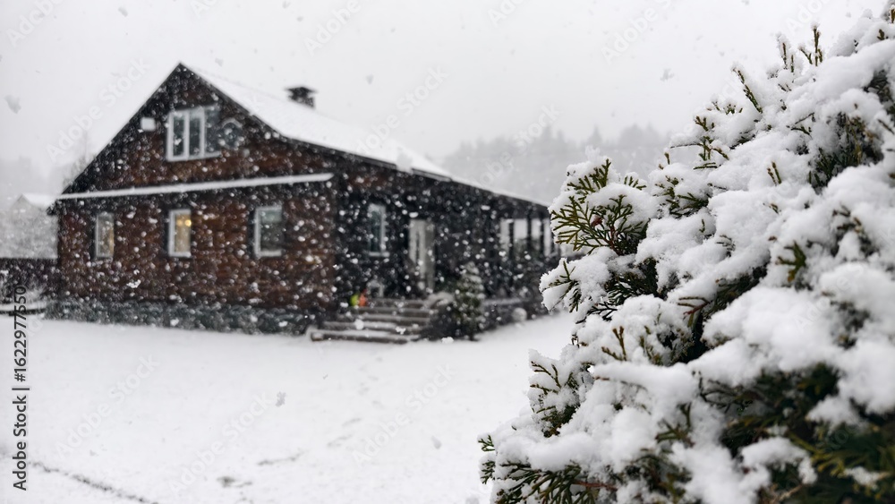 Fototapeta premium Winter has returned in the middle of spring. Heavy snow is falling with large snowflakes. Snow lies on the grassy lawn, on the branches of trees and on the roof of a wooden house. Snow lies on thuja