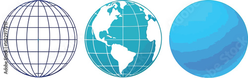 Global Icon Trio Featuring Wireframe, Continental Grid, and Abstract Blue Sphere Variants in Monoline Style