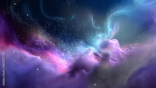 Stunning cosmic scene in space showcases colorful nebula filled with swirling clouds of gas and dust, where countless stars illuminate vast universe, evoking sense of wonder and celestial beauty.