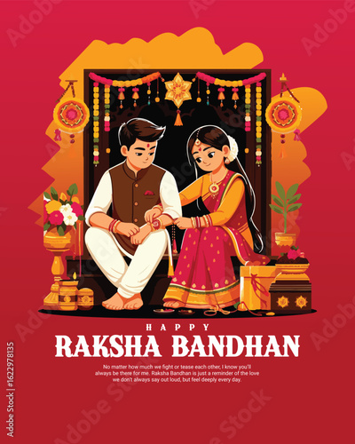 Traditional Raksha Bandhan Illustration – Brother and Sister Celebrating Rakhi with Love and Festive Elements