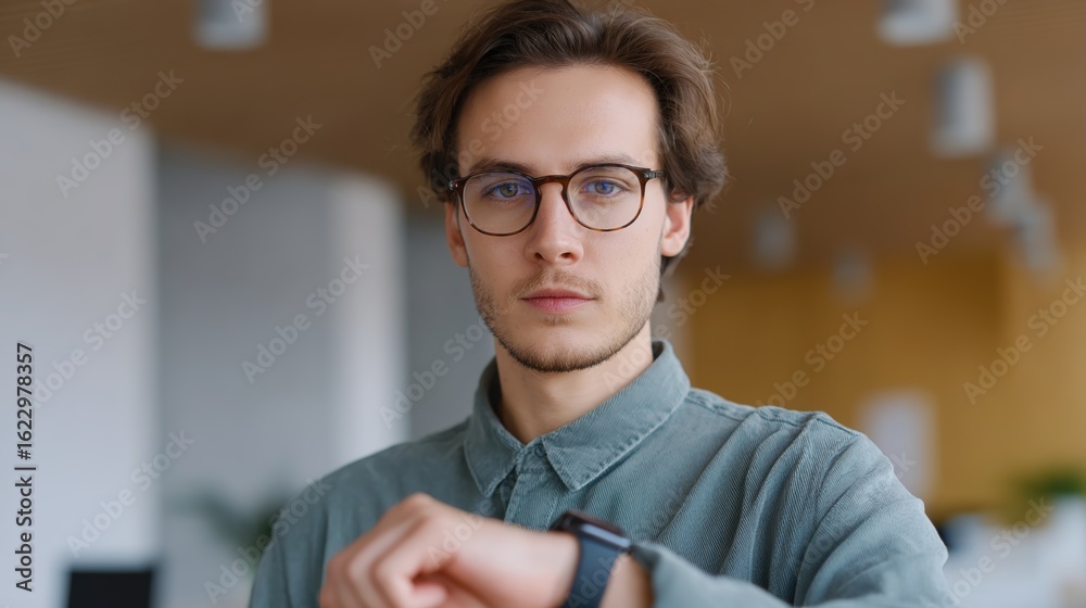 Fototapeta premium Focused Time: A sharp portrait of a modern professional, gazing intently at a smartwatch, embodying focus and precision in a contemporary setting.