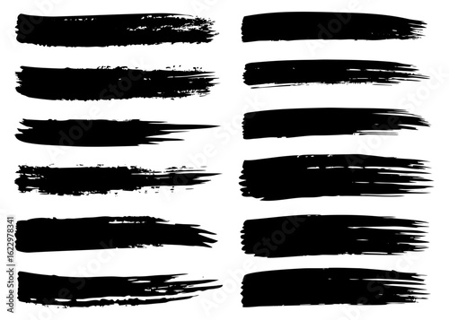 Black Grunge Rectangular Brush Frames with Dirty Ink Lines and Drops. Set of Vector Strokes with Messy Splatter Effects for Grungy Graphic Designs, Posters, and Print Templates.

